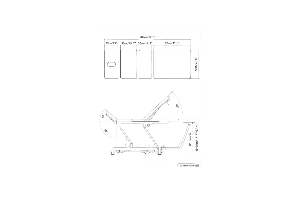 PARICO Coinfycare EL04PRO23 4-section traction table dimension drawing