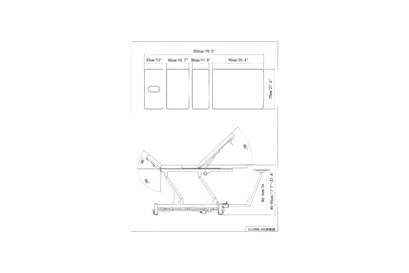 PARICO Coinfycare EL04PRO23 4-section traction table dimension drawing