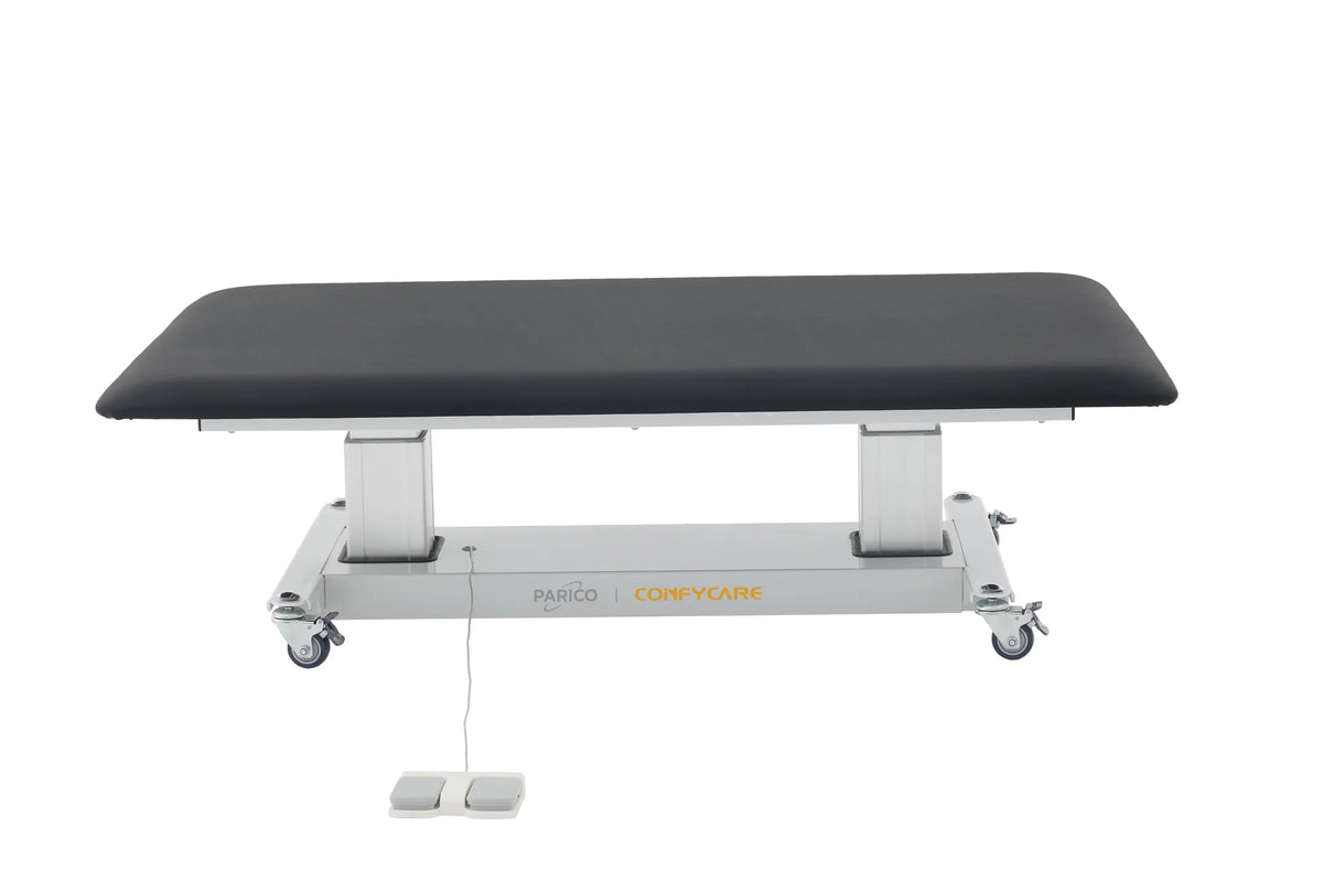 PARICO Coinfycare ELT100W mat platform side-angle view with locking casters and foot pedal
