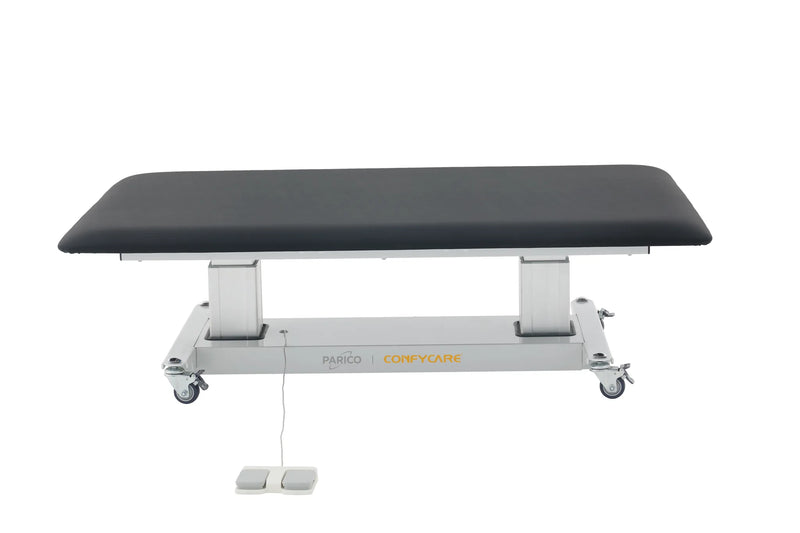 PARICO Coinfycare ELT100W mat platform side-angle view with locking casters and foot pedal
