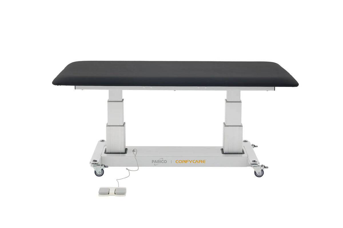 Side view of the PARICO Coinfycare ELT100W mat platform at raised height showing the dual lift columns