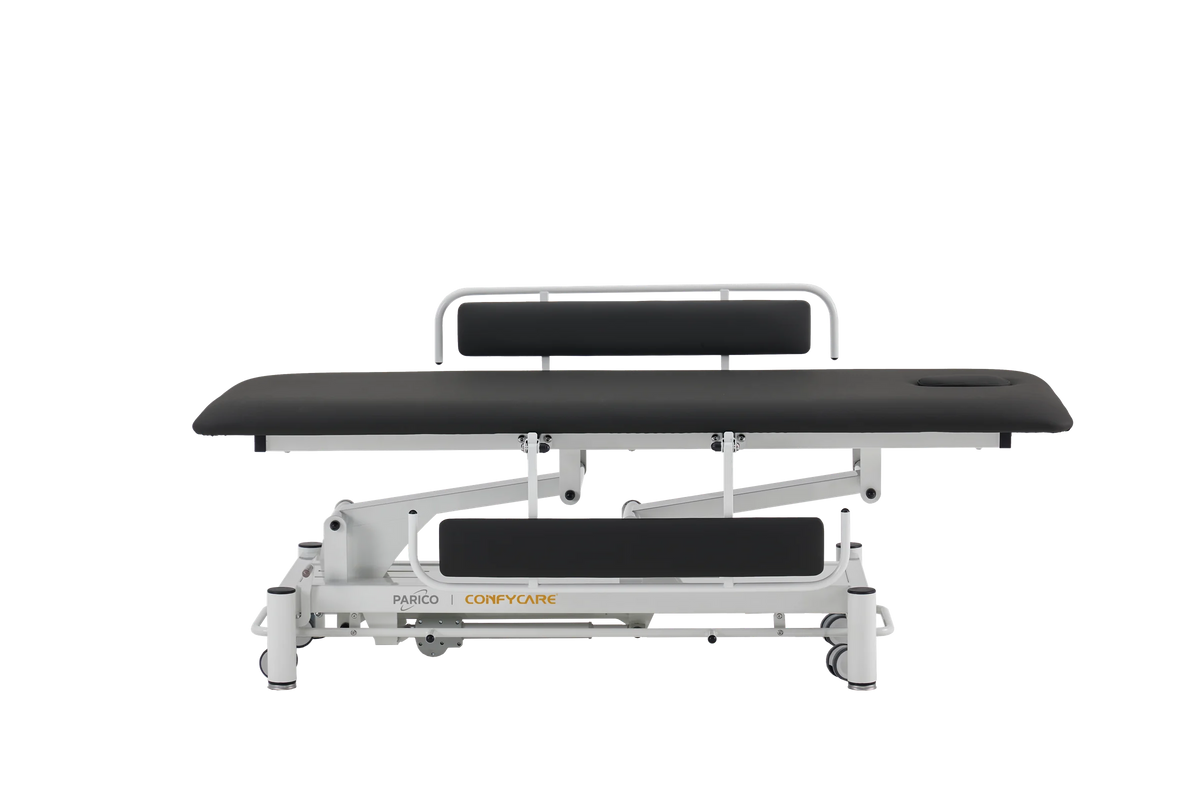 PARICO Coinfycare EL01PRO23 electric hi-lo special needs changing table, side view, Signal White frame, black upholstery