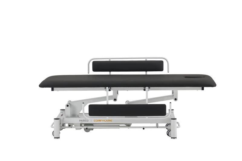 PARICO Coinfycare EL01PRO23 electric hi-lo special needs changing table, side view, Signal White frame, black upholstery