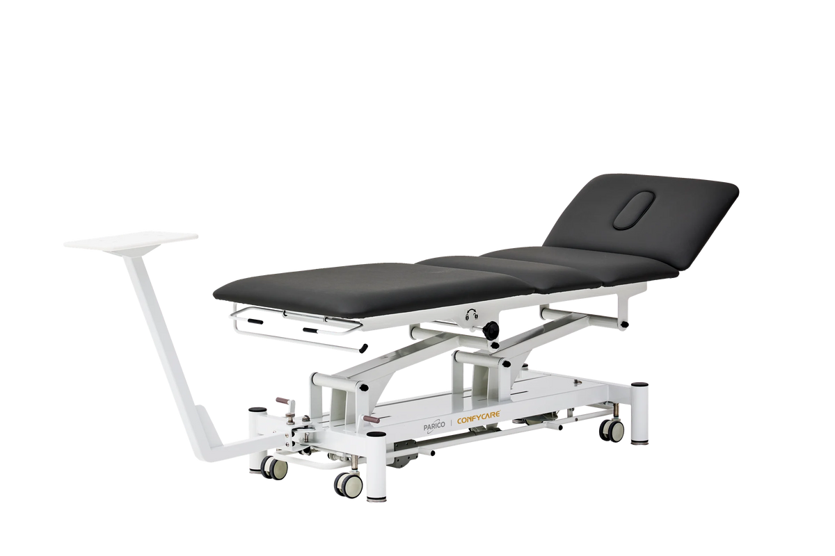 PARICO Coinfycare EL04PRO23 4-section electric traction table with backrest raised and traction machine mount, Signal White frame, black upholstery