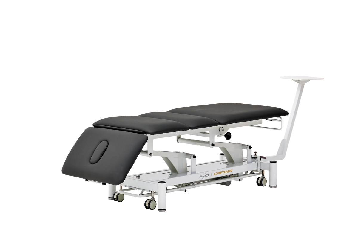 PARICO Coinfycare EL04PRO23 traction table with head section lowered, Signal White frame, black upholstery