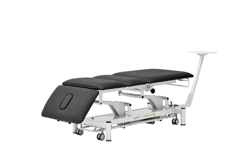 PARICO Coinfycare EL04PRO23 traction table with head section lowered, Signal White frame, black upholstery