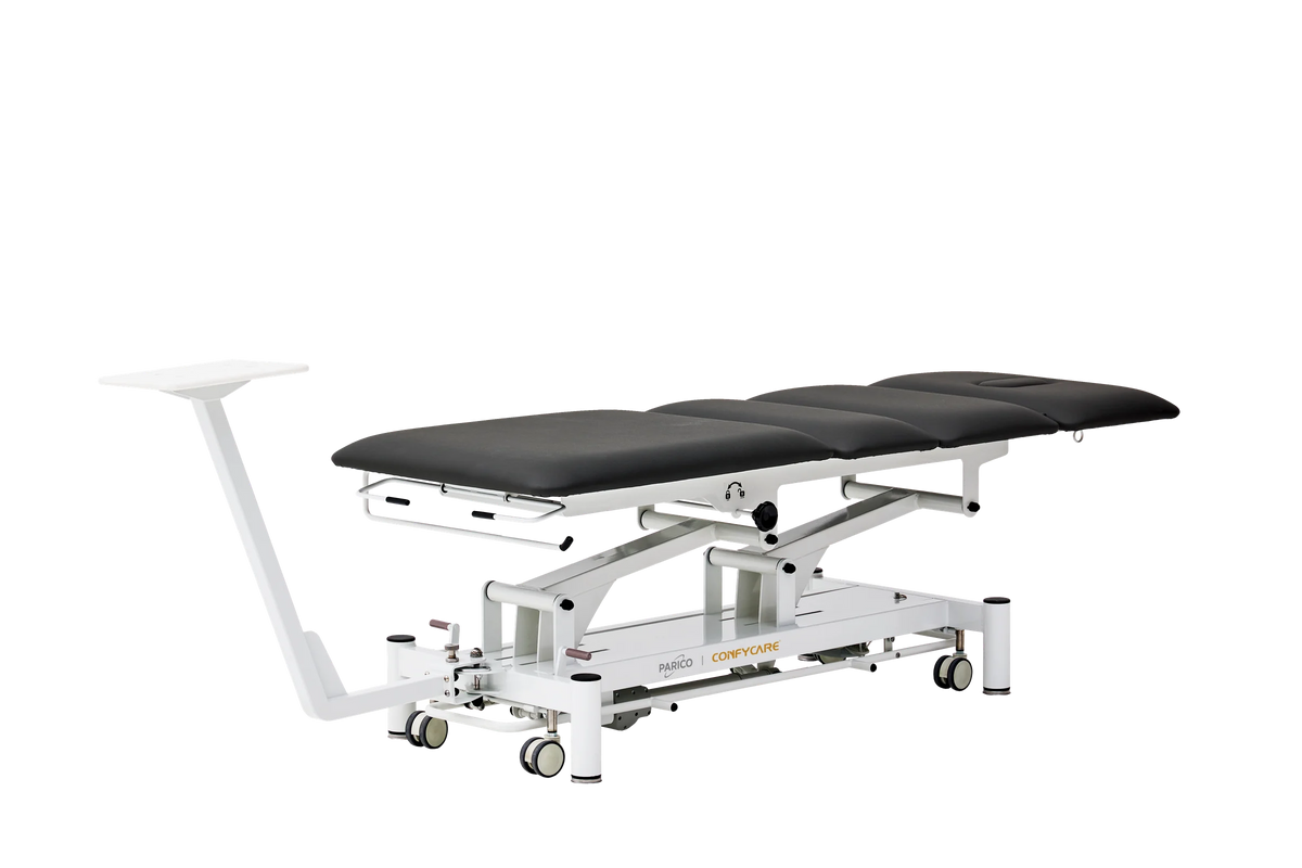 PARICO Coinfycare EL04PRO23 traction table in flat position with machine mount, Signal White frame, black upholstery