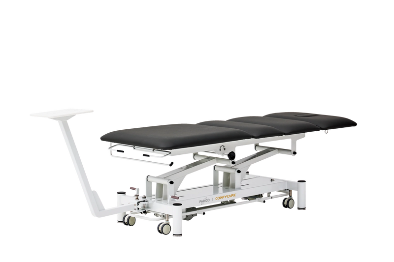 PARICO Coinfycare EL04PRO23 traction table in flat position with machine mount, Signal White frame, black upholstery
