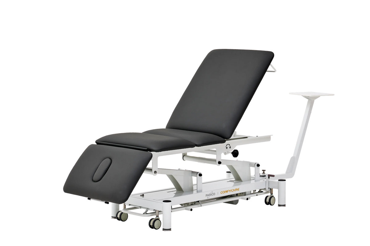 PARICO Coinfycare EL04PRO23 traction table with backrest fully raised and head section lowered, Signal White frame, black upholstery