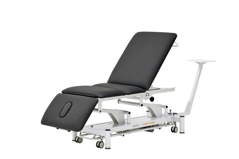 PARICO Coinfycare EL04PRO23 traction table with backrest fully raised and head section lowered, Signal White frame, black upholstery