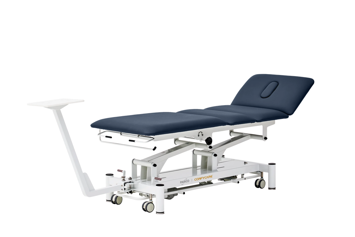 PARICO Coinfycare EL04PRO23 4-section electric traction table with backrest raised and traction machine mount, Signal White frame, navy blue upholstery