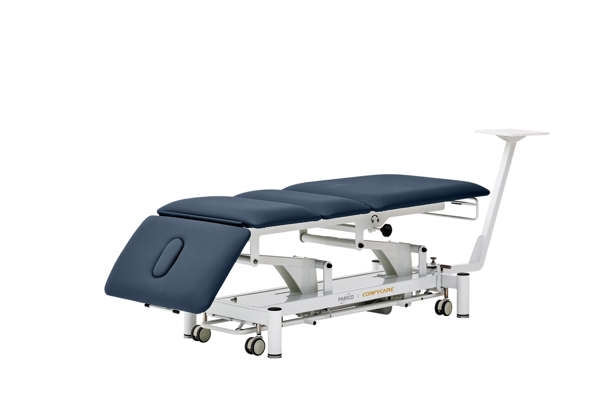 PARICO Coinfycare EL04PRO23 traction table with head section lowered, Signal White frame, navy blue upholstery