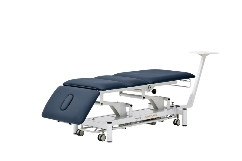 PARICO Coinfycare EL04PRO23 traction table with head section lowered, Signal White frame, navy blue upholstery