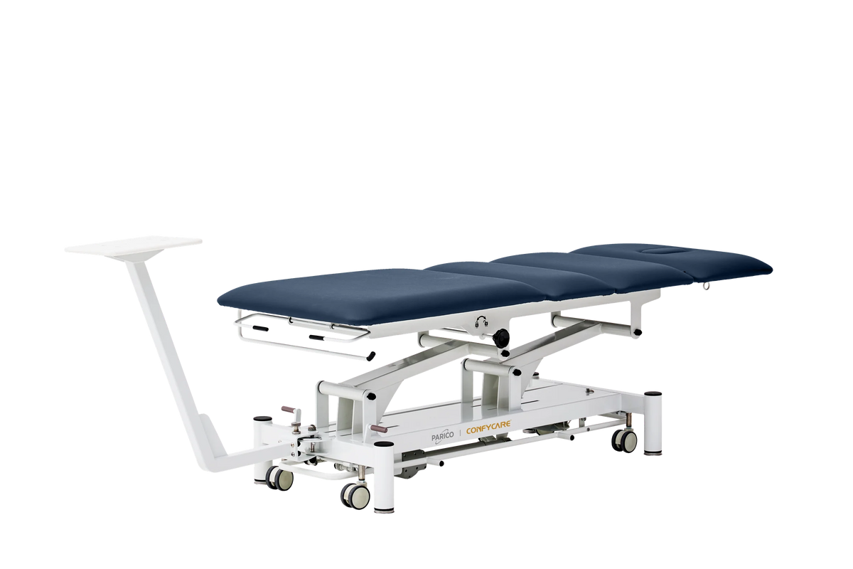 PARICO Coinfycare EL04PRO23 traction table in flat position with machine mount, Signal White frame, navy blue upholstery