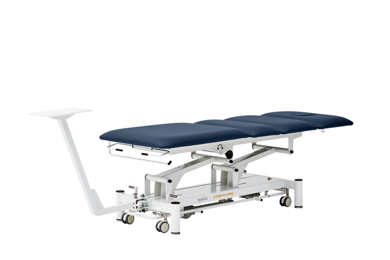 PARICO Coinfycare EL04PRO23 traction table in flat position with machine mount, Signal White frame, navy blue upholstery