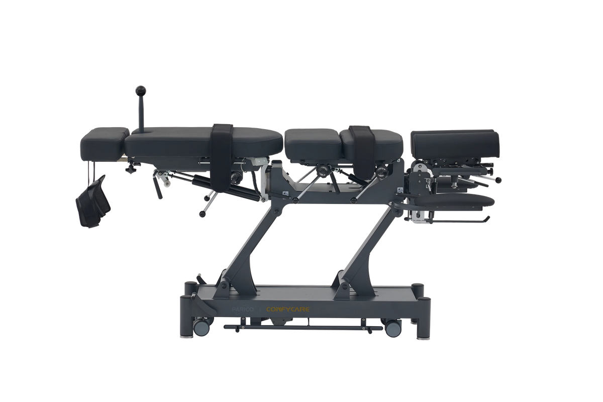 PARICO Coinfycare EL07BPRO manipulation chiropractic table, side view raised, Graphite Grey frame, black upholstery