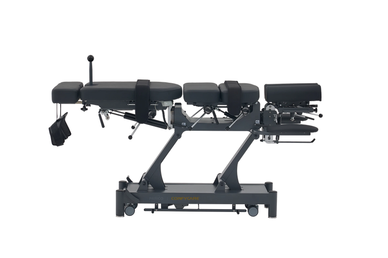 PARICO Coinfycare EL07BPRO manipulation chiropractic table, side view raised, Graphite Grey frame, black upholstery