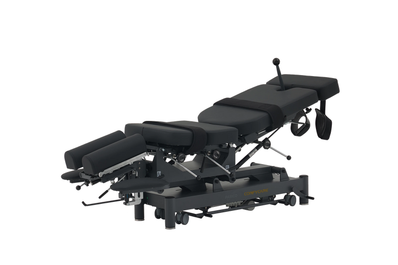 PARICO Coinfycare EL07BPRO manipulation chiropractic table, angled view from the foot end