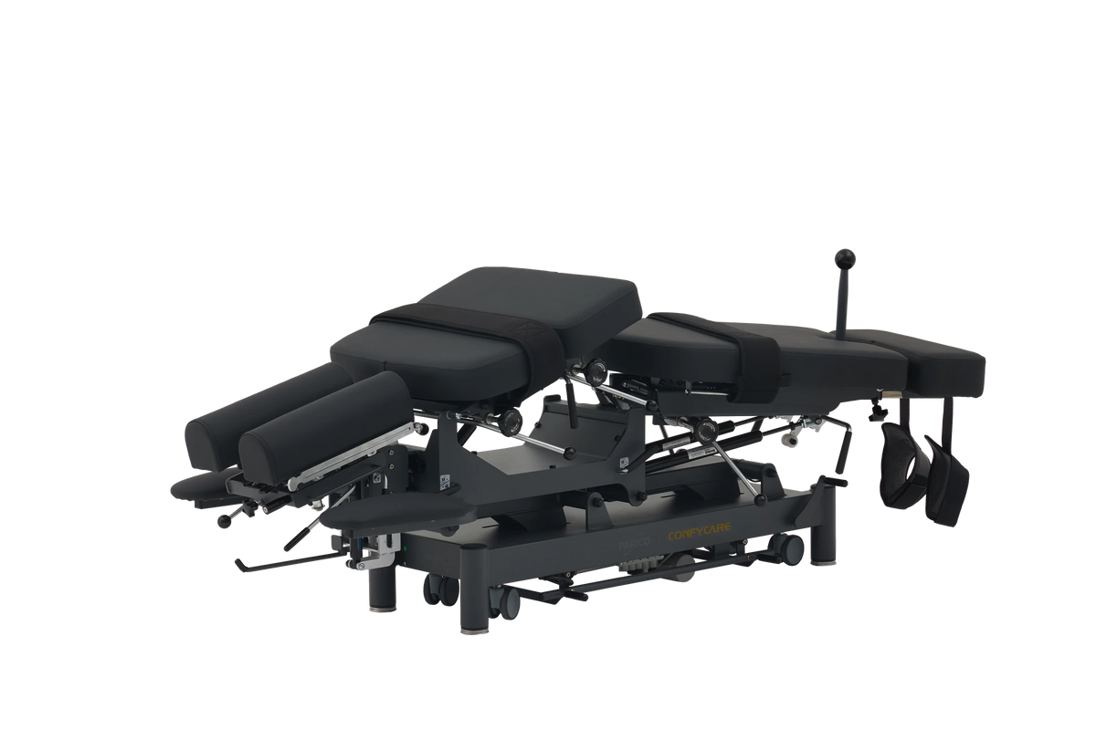 PARICO Coinfycare EL07BPRO manipulation chiropractic table, angled view with a section elevated