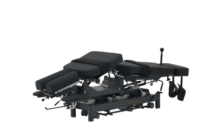 PARICO Coinfycare EL07BPRO manipulation chiropractic table, angled view with a section elevated