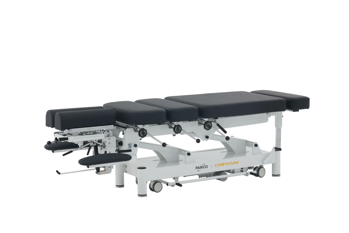 PARICO Coinfycare EL08PRO electric chiropractic drop table, flat position, Signal White frame, black upholstery