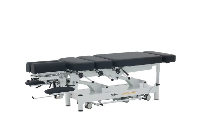 PARICO Coinfycare EL08PRO electric chiropractic drop table, flat position, Signal White frame, black upholstery