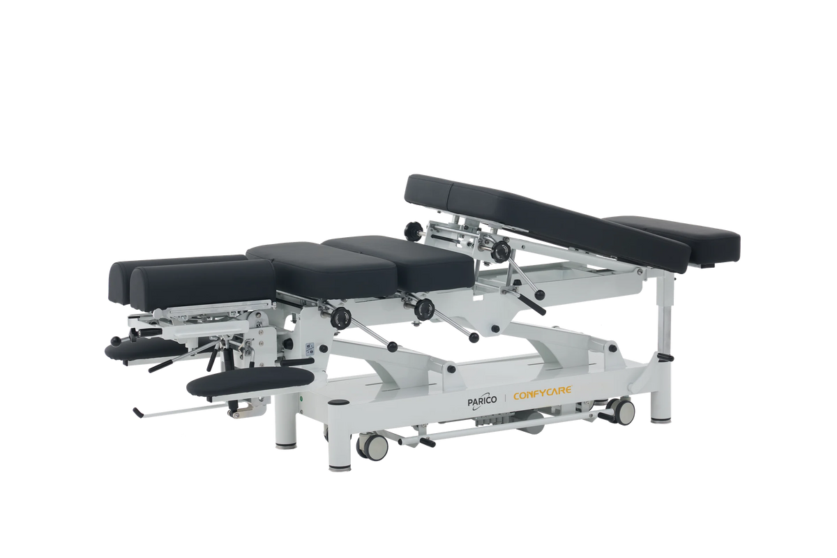 PARICO Coinfycare EL08PRO chiropractic drop table with thoracic section raised, Signal White frame, black upholstery