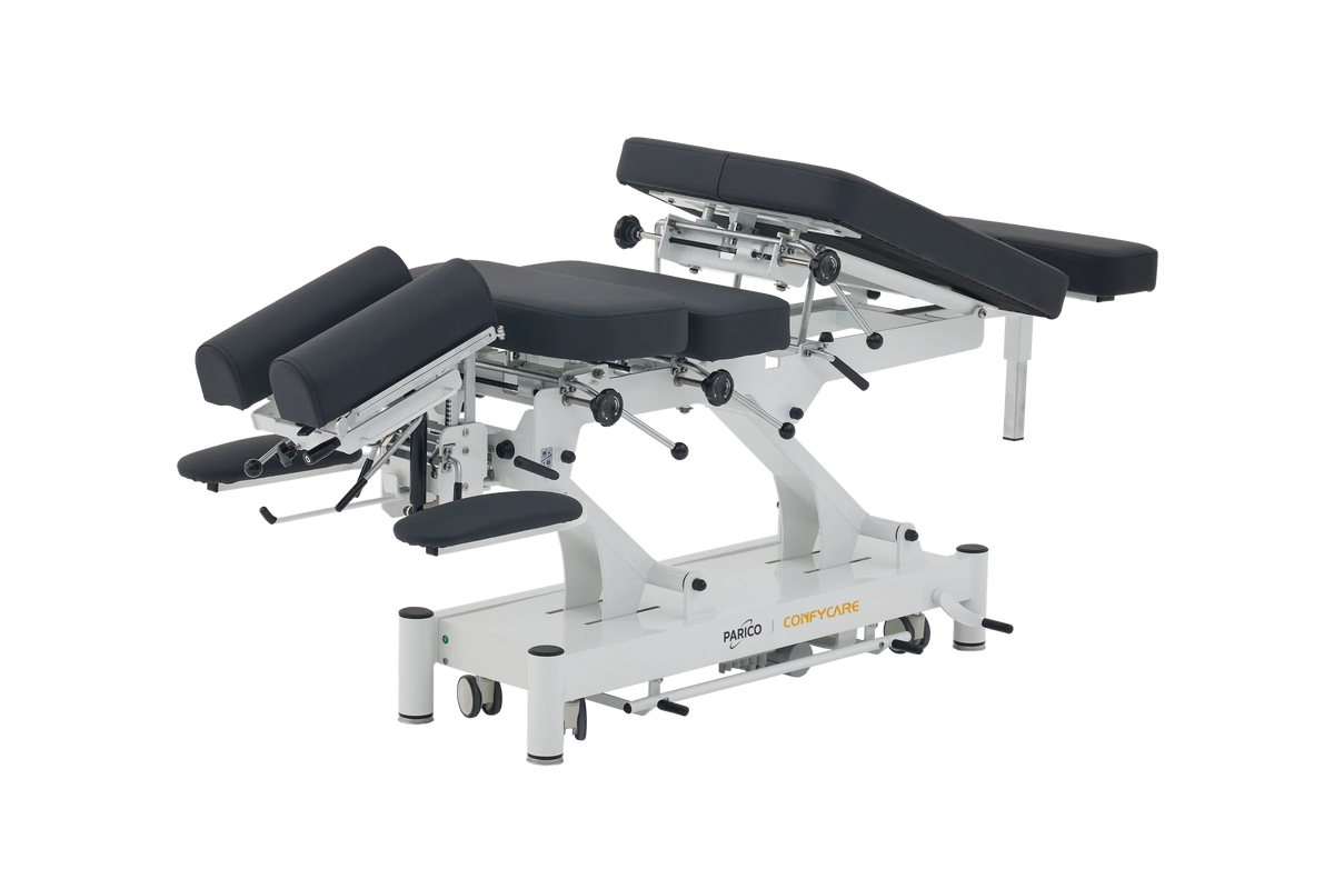 PARICO Coinfycare EL08PRO chiropractic drop table with headpiece, thoracic and pelvic sections elevated, Signal White frame, black upholstery