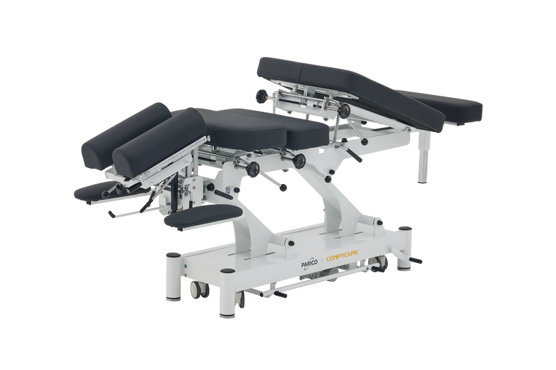 PARICO Coinfycare EL08PRO chiropractic drop table with headpiece, thoracic and pelvic sections elevated, Signal White frame, black upholstery